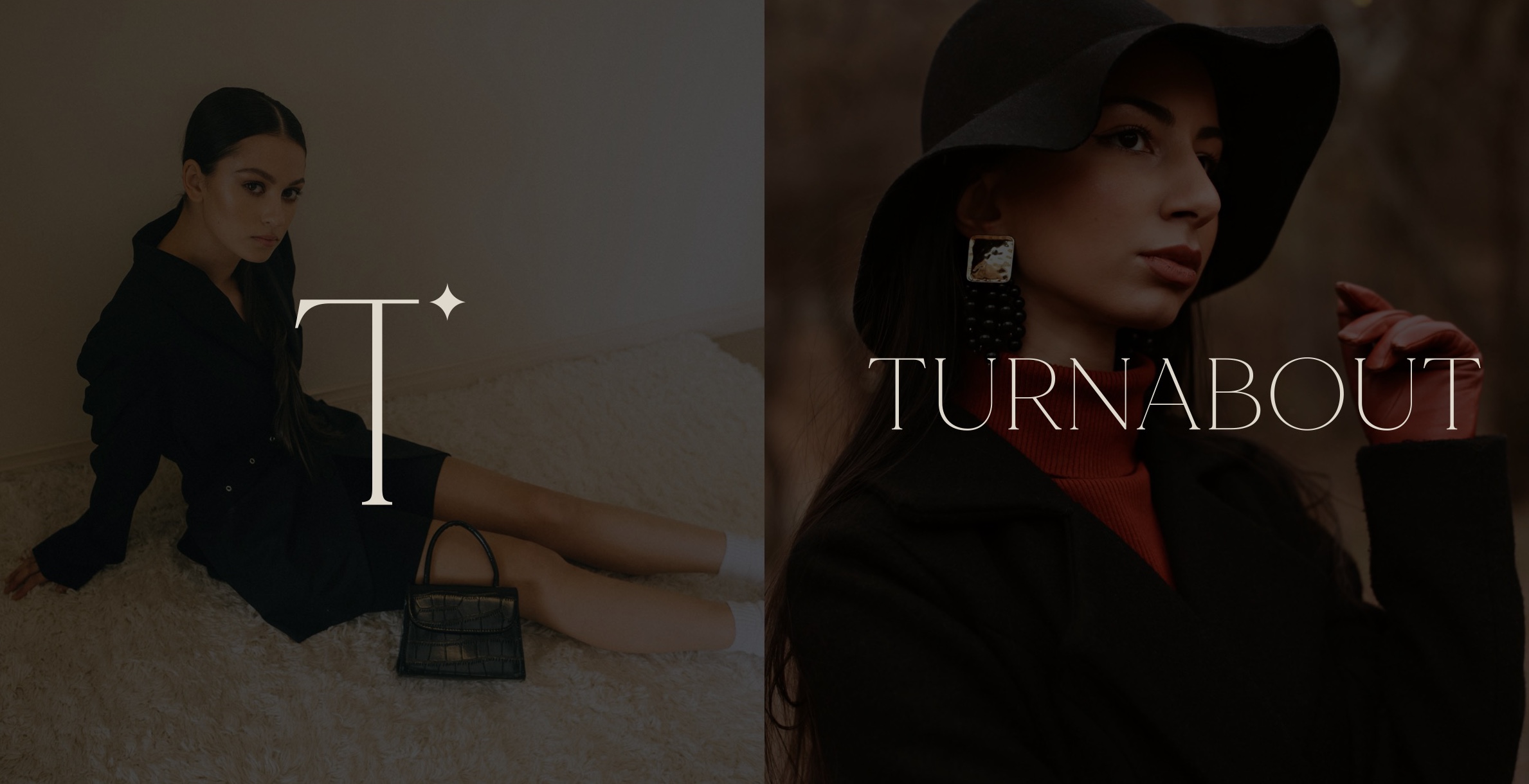 Two fashion photographs overlaid with the Turnabout monogram and wordmark.