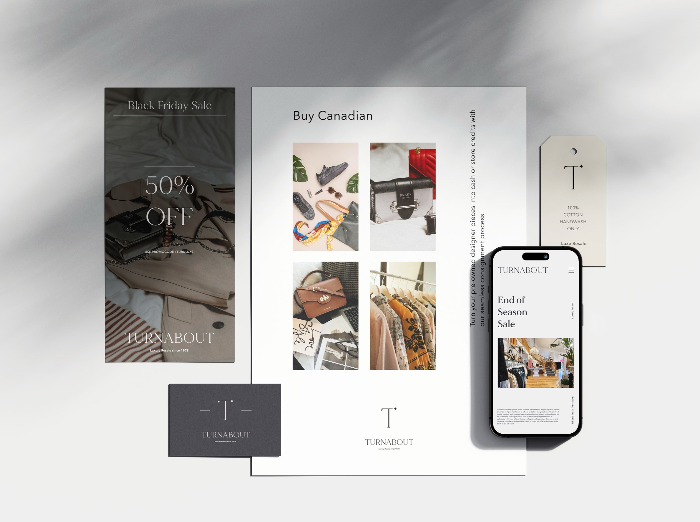 Turnabout print collateral: a Black Friday flyer, a ‘Buy Canadian’ poster, a business card, a clothing tag and a mobile website mockup.